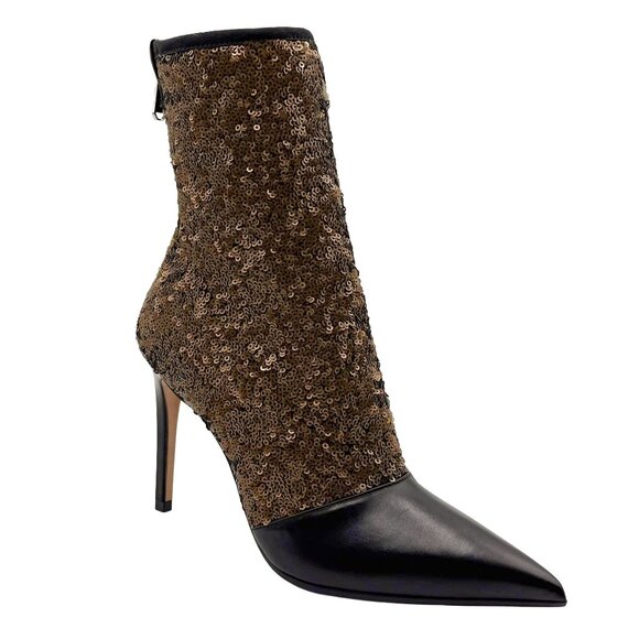 Brand New Balmain Fay Leather and Sequin Ankle Bootie in Black and Bronze - Picture 1 of 13